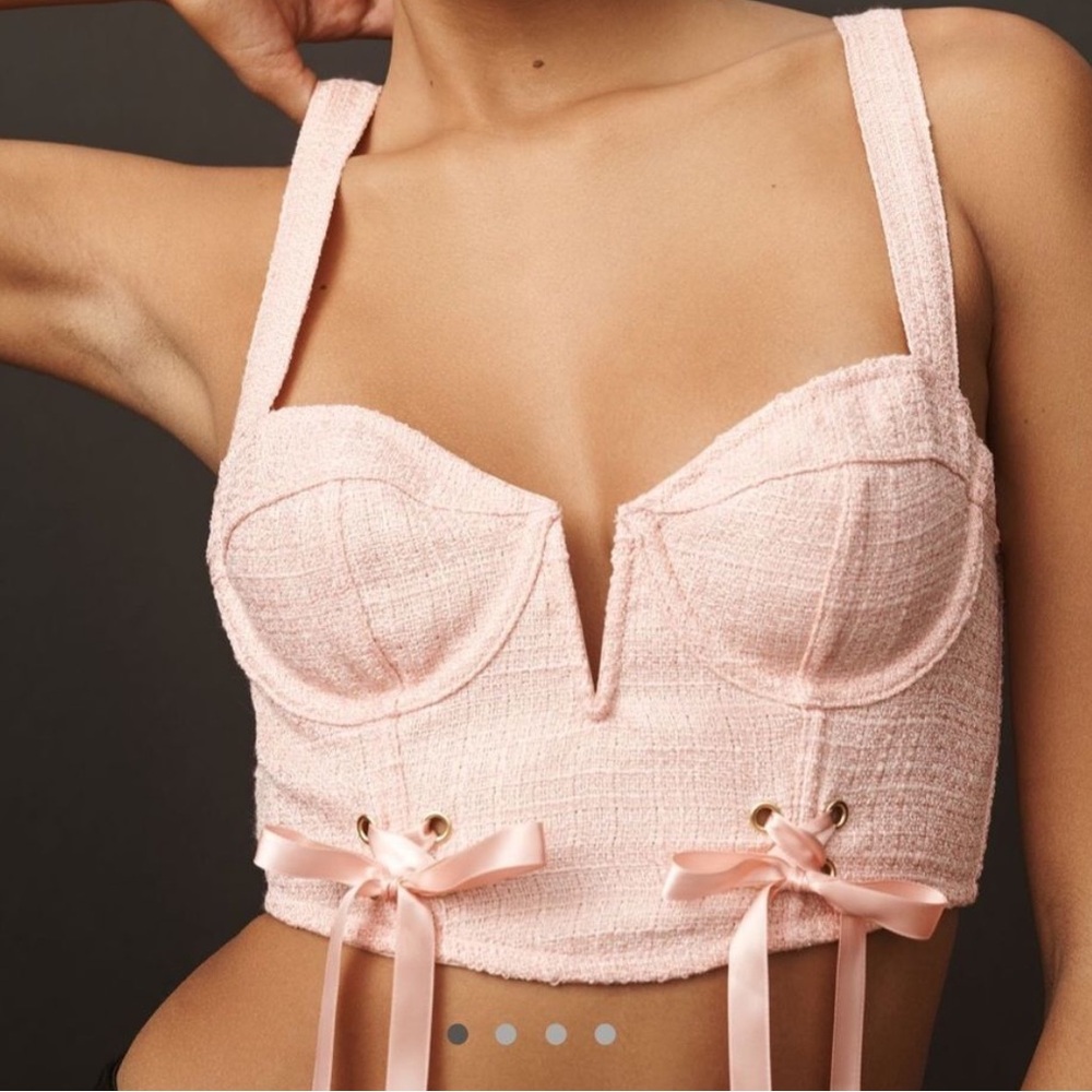 Anthropologie Tweed Corset Top Pink Medium Ribbon NEW
